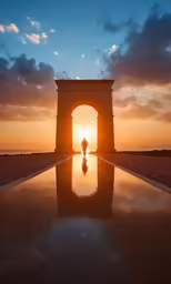 a reflection of a person standing next to the sea at sunset