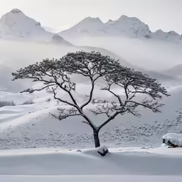 a lone tree is standing on snow - covered ground