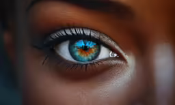 the blue eyes of an african woman are reflected in her