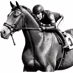 a person rides a horse in a black and white photo