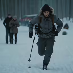 a young man walking across snow covered ground