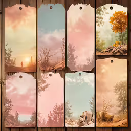 a series of paper tags hanging on a wooden wall,a wooden table with different tags hanging from it