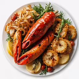 a plate of food including lobster, shrimp, potato salad and vegetables