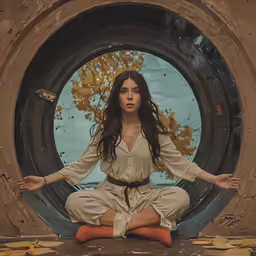 a woman meditating inside a grating type tunnel