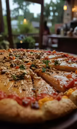 large pizza with meat and vegetables on it