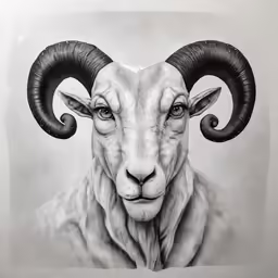 a goat with long horns looking down at the camera