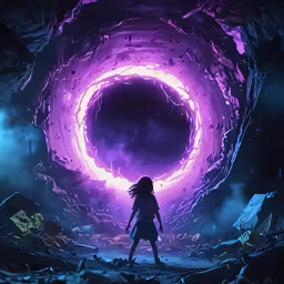 the girl is walking towards a giant purple object