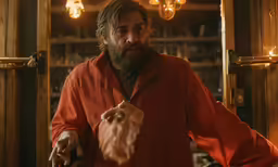 a man with a beard holding onto food in a kitchen
