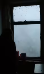 a person sitting on a window sill watching rain outside