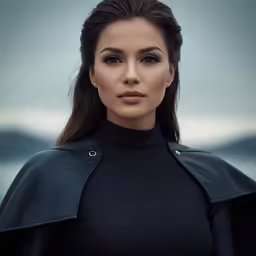 a woman in black wearing a black dress with a high neck