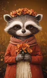 a close up of a raccoon holding flowers near its face