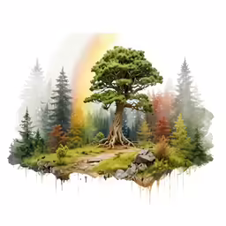 this is a painting of a tree with rainbows in the background