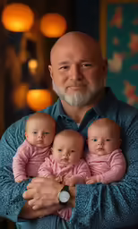 the man is holding three babies and smiling at the camera