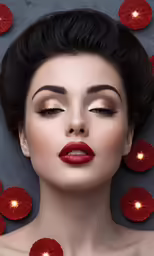 an image of a woman with makeup and red petals around her head