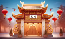 chinese temple entrance with lanterns hanging over it