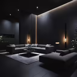 a living room with large couches and large lamp fixtures