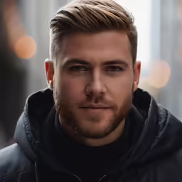 a young man wearing a black jacket with lights in the background