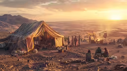 many people sitting around the outside of a large tent,an old army tent sitting in the middle of desert