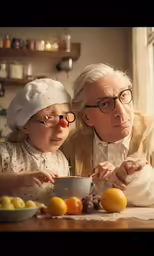 an old man and young child making food together