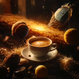 a cup on top of a saucer in the middle of a field