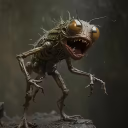 a creature made of twigs has teeth and huge eyes