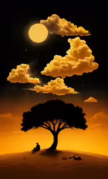 a painting of a tree with a man sitting under it