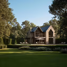 a house with many windows in front of the grass