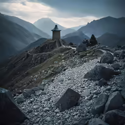 the rocks and pebbles on the side of the hill have a building on top