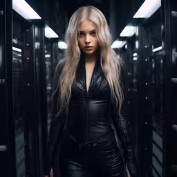a blonde woman in black clothes in an enclosed space,a woman is standing in a dimly lit room