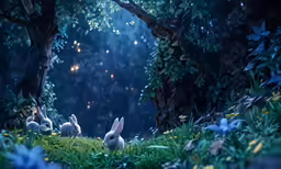 a couple of white rabbits sitting under a tree in the grass