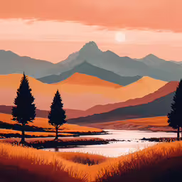 trees in the wild against a sunset sky,a landscape of a valley and mountains is shown at sunset