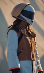 the person is wearing a jacket and helmet with a wind dryer on their back
