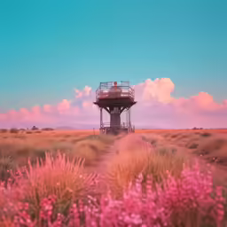 a very tall tower next to a bunch of purple flowers
