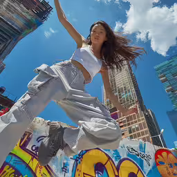 the woman is doing some tricks on her skateboard,a girl standing on a street corner while posing