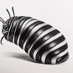 a black and white striped insect on a white surface