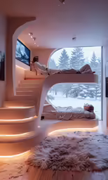 two people in a room with a bed and stairs