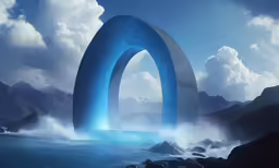 an arch is shown in the midst of water and rocks