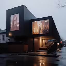 a building with stairs and three large pictures on the outside