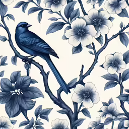 a blue bird sitting on top of a tree next to flowers