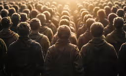 many people standing in a crowd with the sun setting