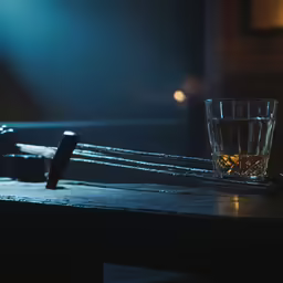 a glass of liquor on a table with a remote control