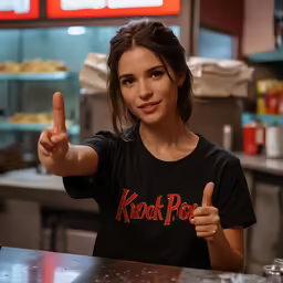a woman standing by a table in a restaurant giving the finger up