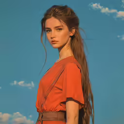 a woman with very long hair standing in front of a blue sky