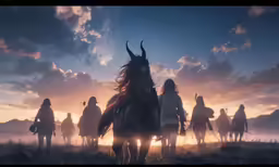 a group of people riding on horses through the desert