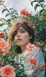 a woman standing behind a bush with orange flowers