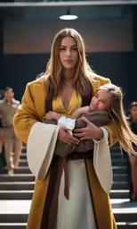 the young woman is holding her baby in her arms