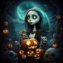 a woman wearing a halloween costume holding a pumpkin