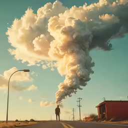 a man walking down a street in front of a smoke stack