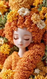 an orange haired doll with curly hair and yellow flowers