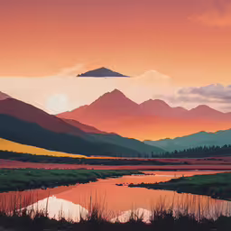 an image of a nice view of the sunset and mountains,a painting of an autumn sunset with mountains in the background